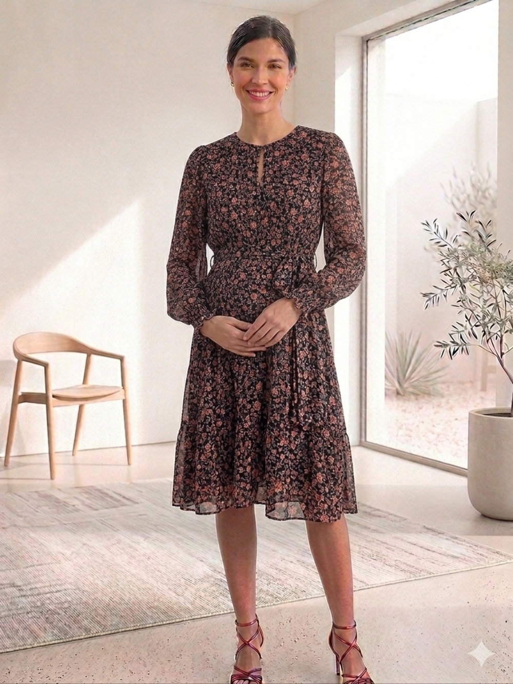 Ever New Black Long-Sleeve Floral Tie-Waist Dress with Pink Roses Size 6